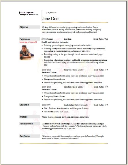 sports fitness resume  occupational examples  samples free