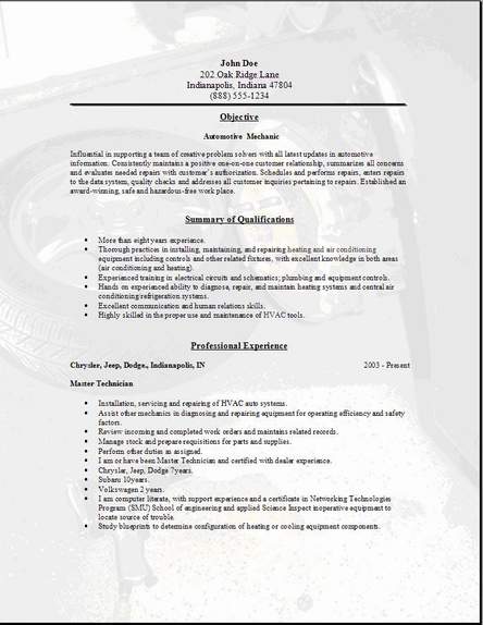 Auto mechanic resume objective examples