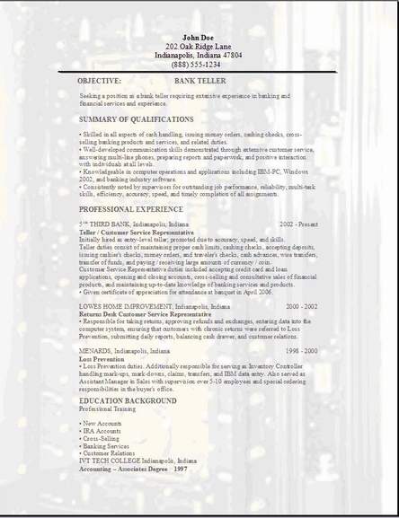 Sample resume for a bank teller