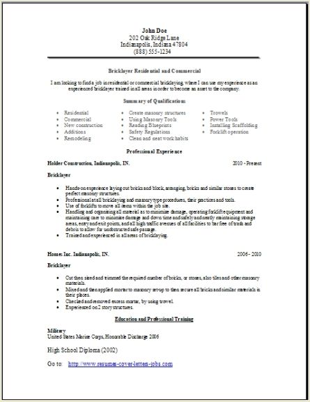 Resume for a brick mason