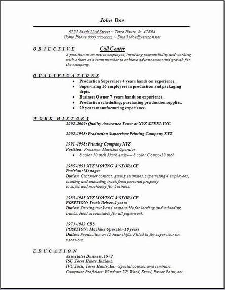 Resume format call center download