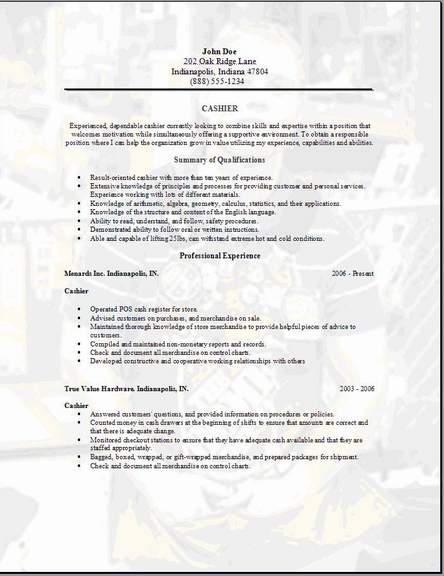 cashier job description resume