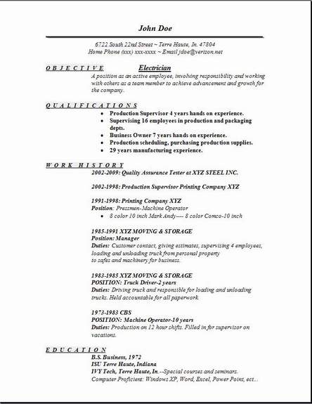 Resume for electrician