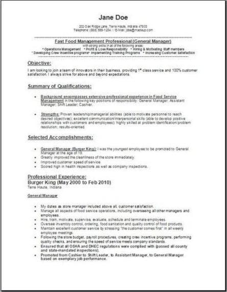 Fast food worker sample resume