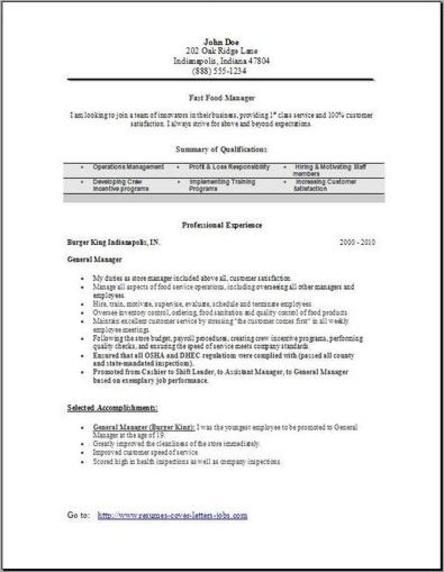 fast food manager resume  occupational examples  samples