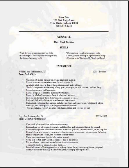 Hotel jobs sample resume