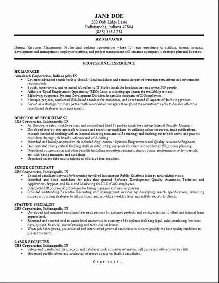hr management resume  occupational examples  samples free