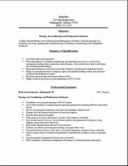 Resume format for ac mechanic