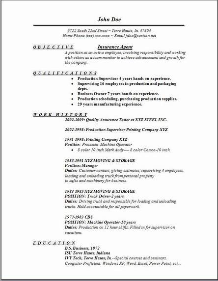 Functional resume for insurance company