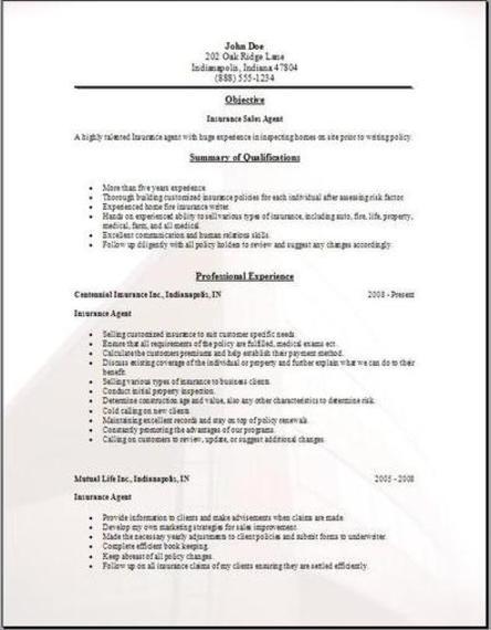 Sample resume for insurance sales representative