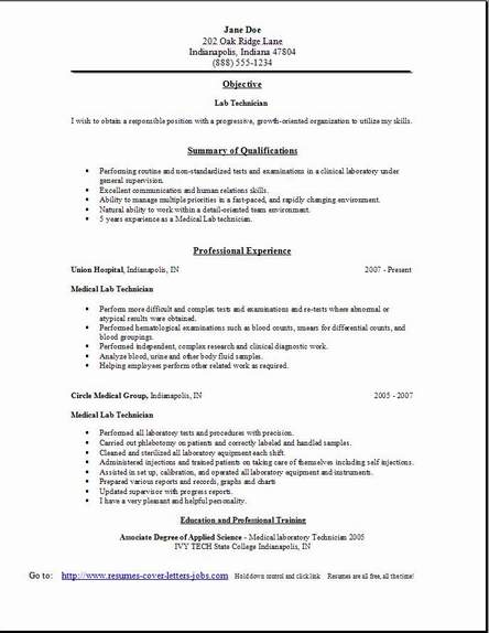 Resume for a laboratory technician