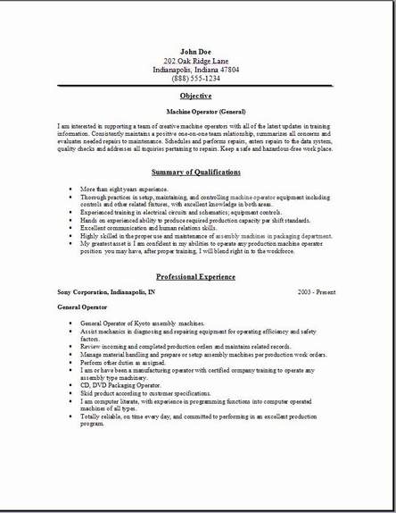 Machine Operator Resume, Occupational:examples,samples ...