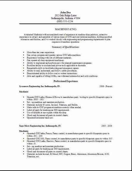 Sample Cnc Mechanist Resume sample machinist resume