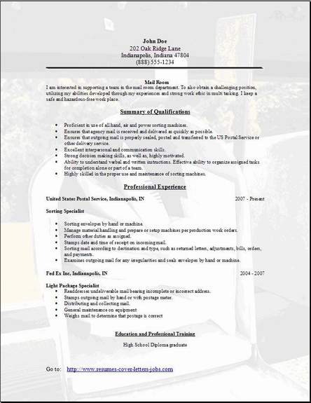 Army mail clerk resume