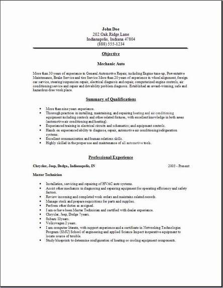 Example resume for a mechanic