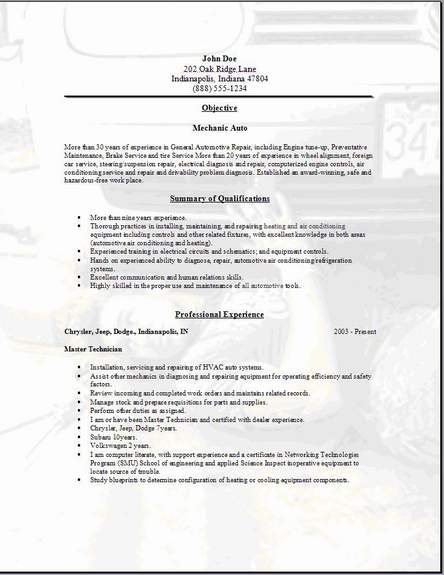 Auto Mechanic Resume Sample