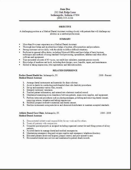 Sample resume dental assistant position