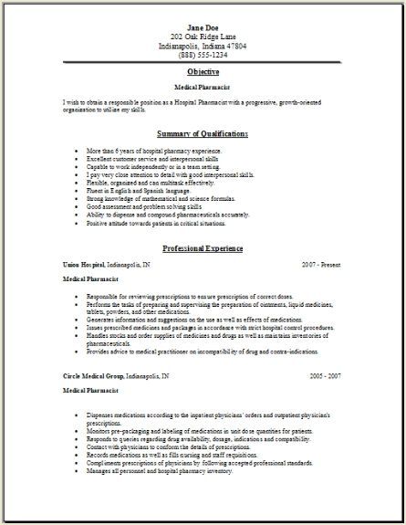 Medical Pharmacy Resume, Occupational:examples,samples ...