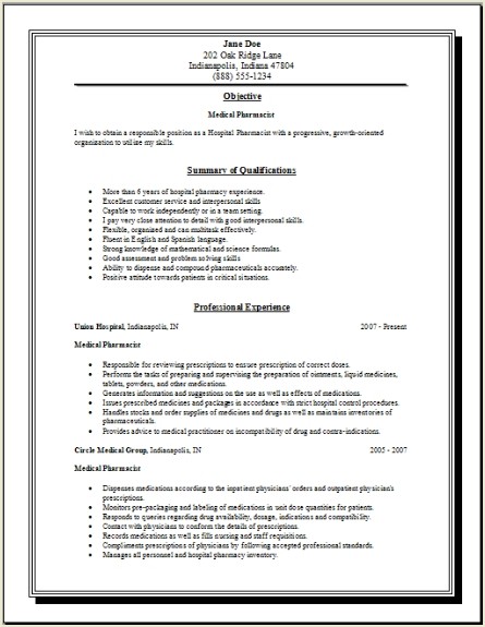 Free pharmacist resume sample