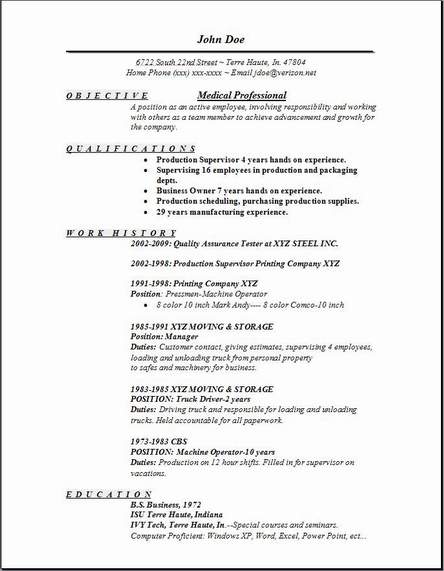 Medical professional resume format