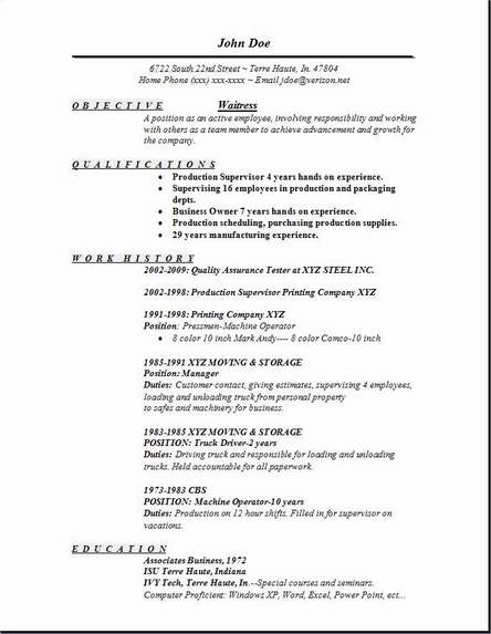 Resume For Waitress Job 