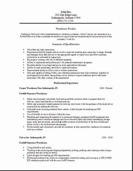 Free sample of a warehouse resume