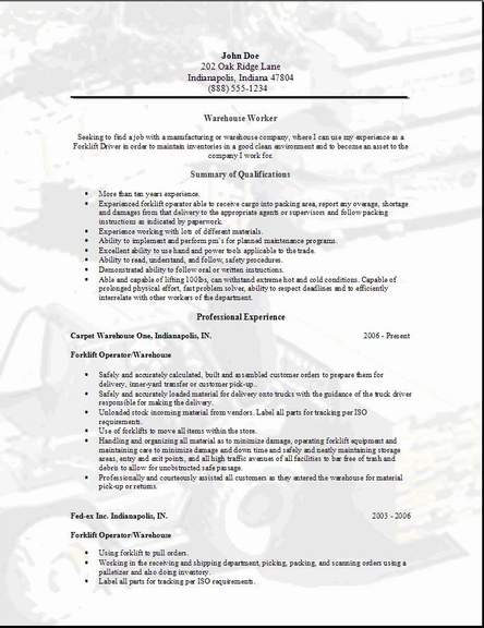 warehouse worker resume occupational examples samples