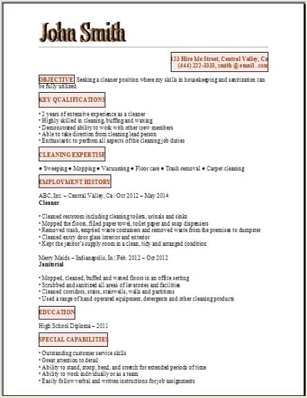 resume for cleaning examples samples free edit with word