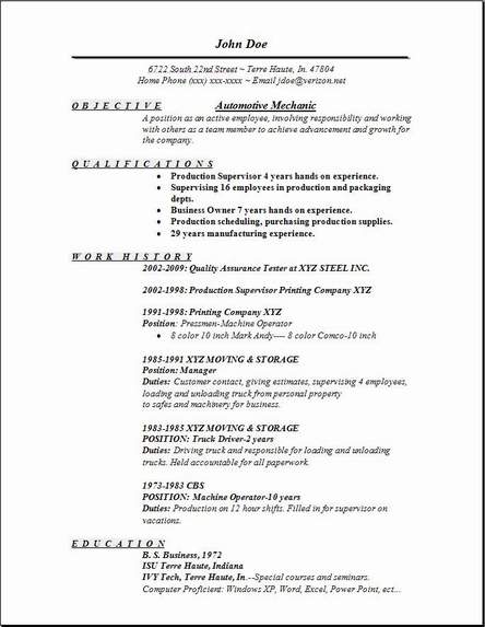 Automotive Mechanic Resume