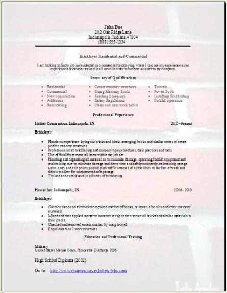 Bricklayer Resume, Occupational:examples, samples Free 