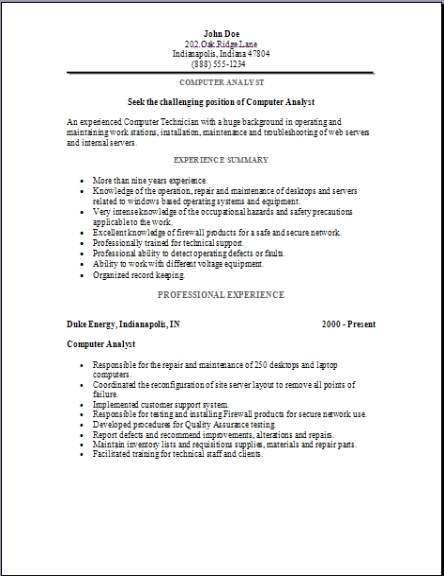 computer analyst resume  occupational examples  samples