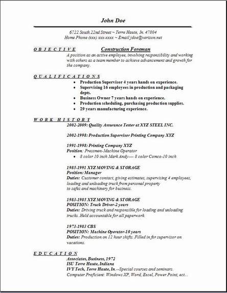 Construction Foreman Resume