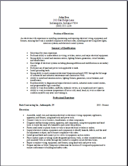 Electrician resume examples