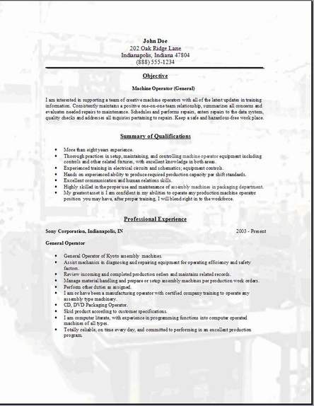 Machine Operator Resume, Occupational:examples,samples ...