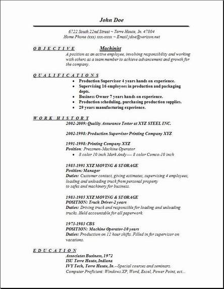 Machinist Resume