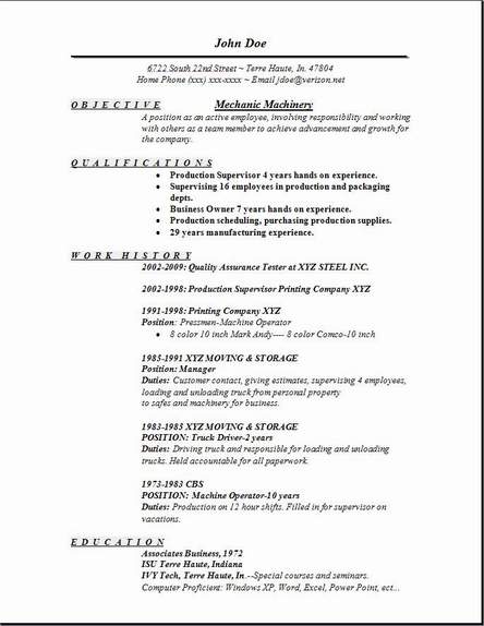 Mechanic Machinery Resume