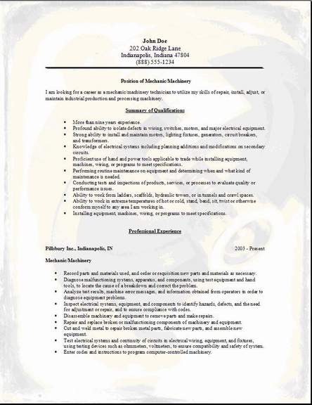 Mechanic Machinery Resume, Occupational:examples,samples 