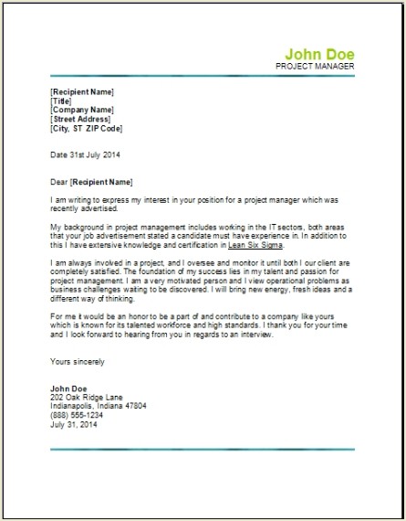 Project Management Cover Letter