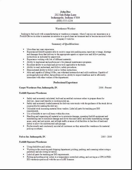 Warehouse Worker Resume Occupational Examples Samples Free Edit